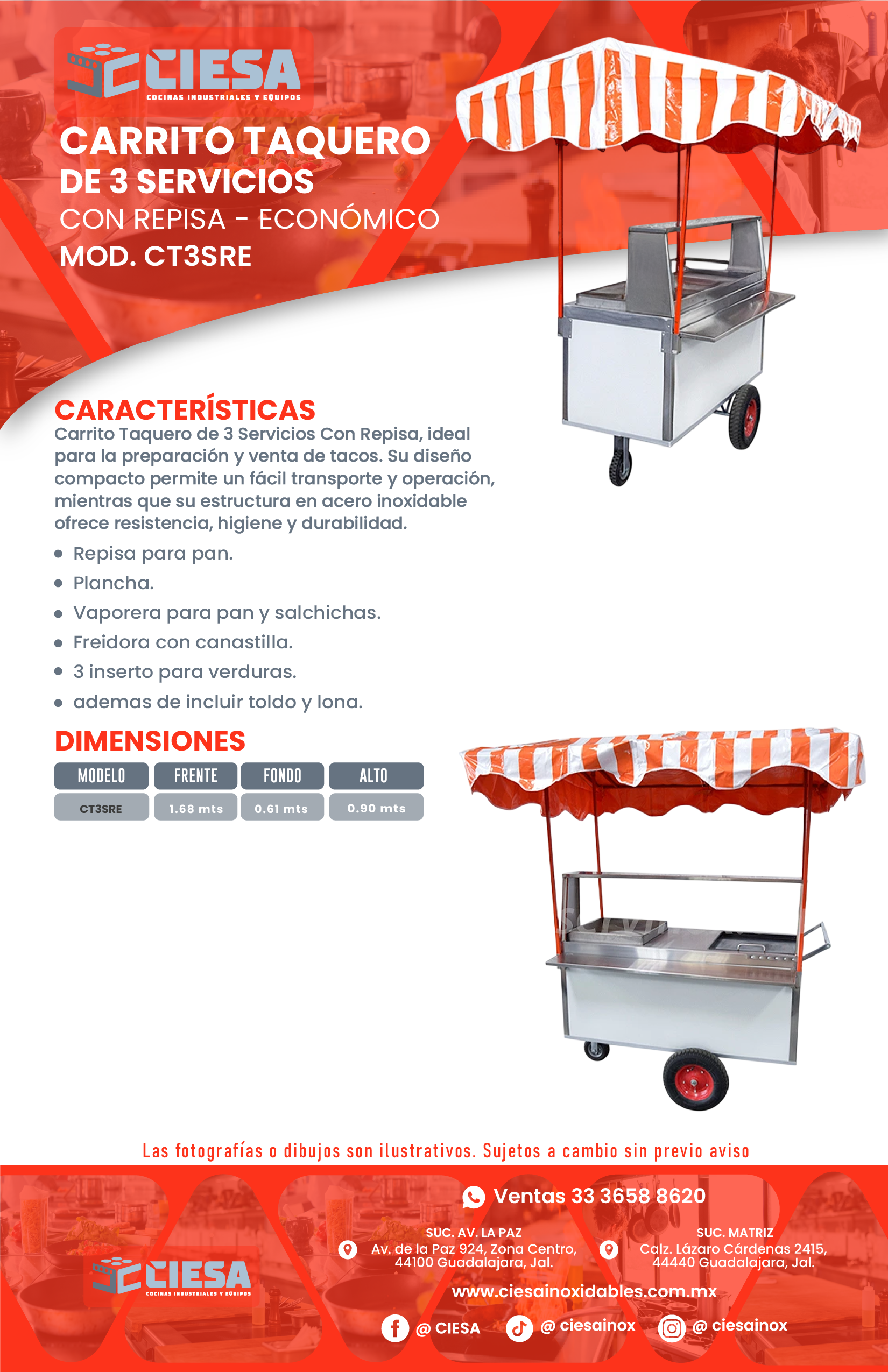 Carrito Taquero de 3 Servicios Con Repisa Económico CT3SRE - Imagen 3