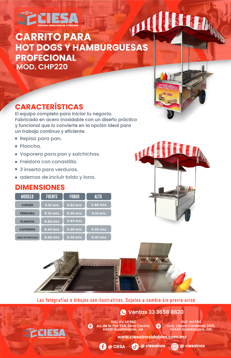Carrito para Hot Dogs y Hamburguesas Profesional CHP220 - Imagen 7
